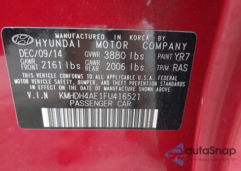 2015 Hyundai Elantra Se from USA, damaged, VIN KMHDH4AE1FU416521